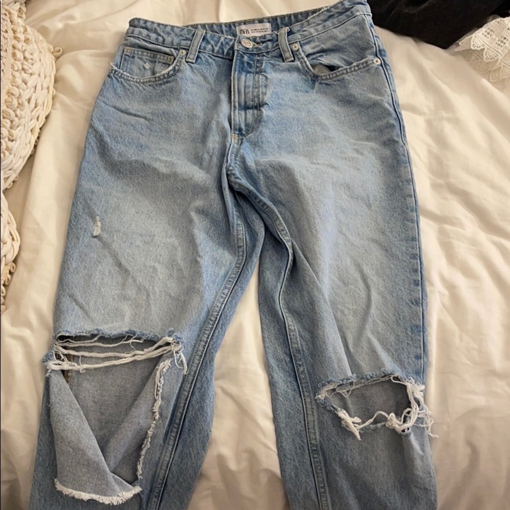Zara high rise ripped blue jeans
